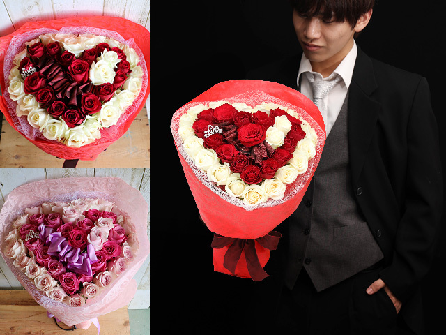 ハート形花束フラワーローズ　 白とピンクと青3色ラメなし 岡山 ハート形花束フラワーローズ 白とピンクと青3色ラメなし 岡山 ハート